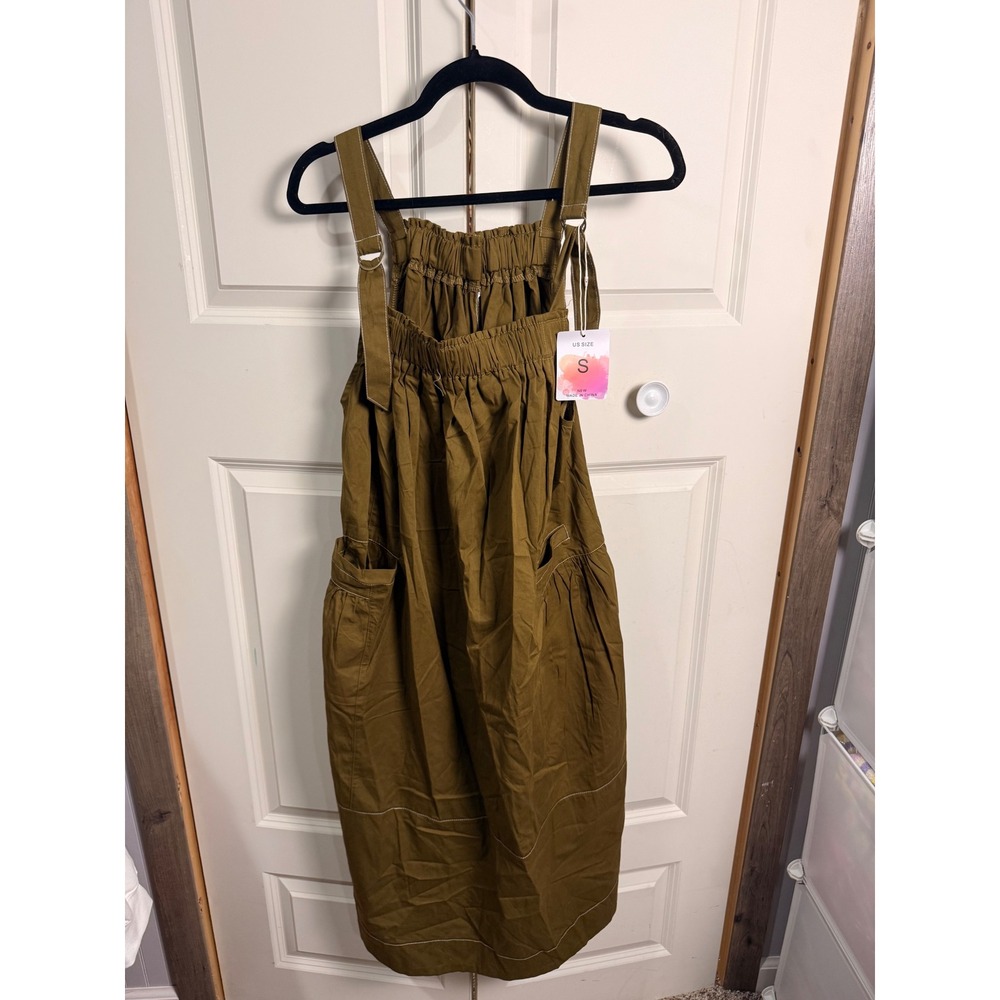 New Women Olive Brown Utility Pinafore Midi Dress Cargo Pocket Contrast Stitch S